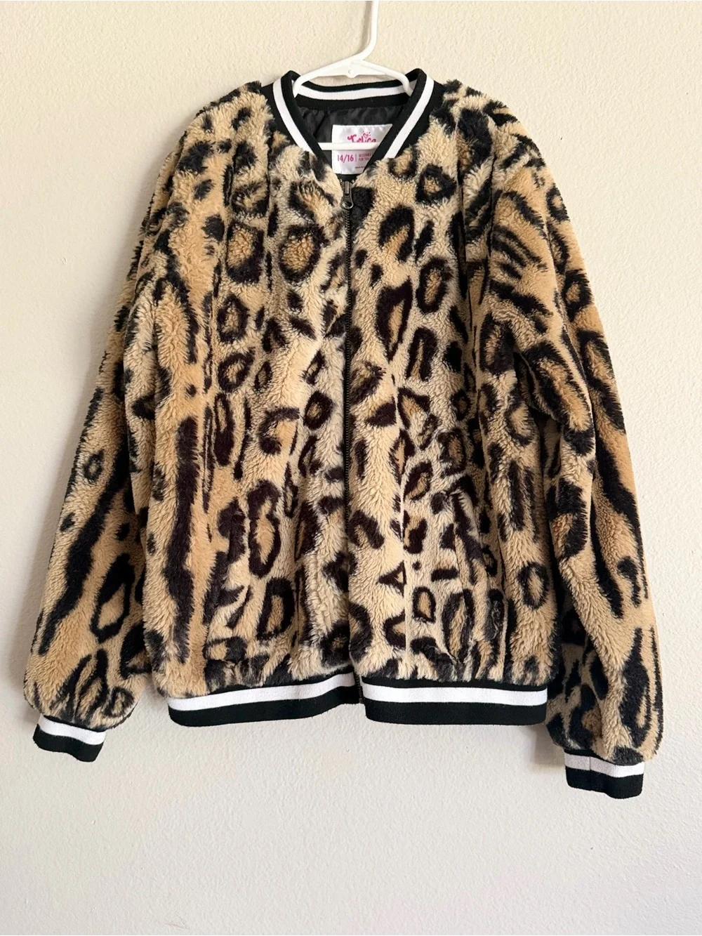 Girls Leopard Print Faux Fur Bomber Jacket - Tan/Black